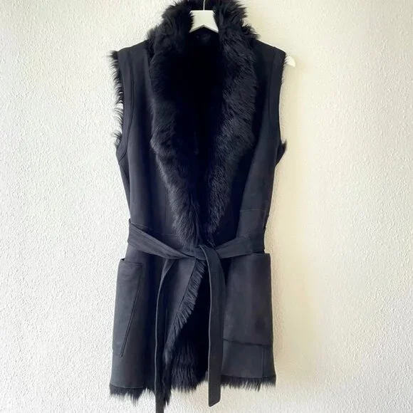 Reversible VINCE Shearling Fur Leather Vest - Picture 5 of 12